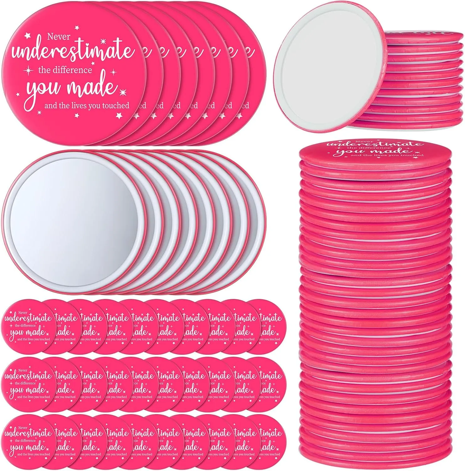 Hoolerry 48 Pcs Pink Inspirational Compact Mirror Bulk 2.8 Inch Small Round Makeup Purse Pocket Portable Travel Mirror for Graduation Teacher Nurse Employee Appreciation Gifts