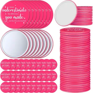 Hoolerry 48 Pcs Pink Inspirational Compact Mirror Bulk 2.8 Inch Small Round Makeup Purse Pocket Portable Travel Mirror for Graduation Teacher Nurse Employee Appreciation Gifts