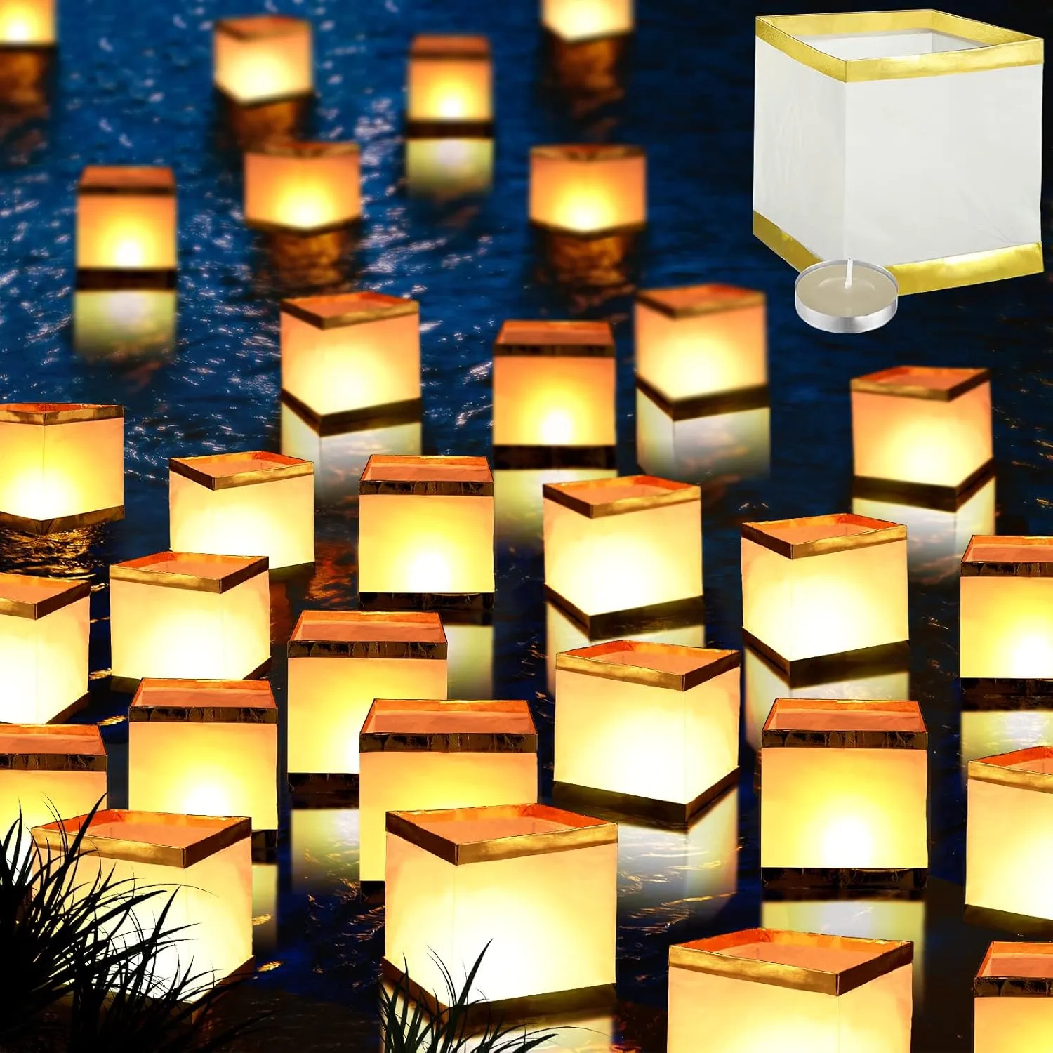 Hortsun Square Paper Lanterns with Candles,Waterproof Chinese River Lanterns for Wishing Praying Blessing Wedding Swimming Pool,5.9 Inch(50 Pack)