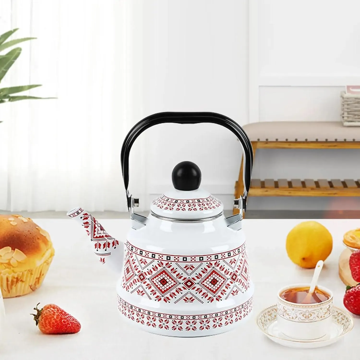 Household Water Tea Pot Coffee Kettle, Cookware Picnic Teapot, Enamel Tea Kettle for Camping(Red,1.1L)