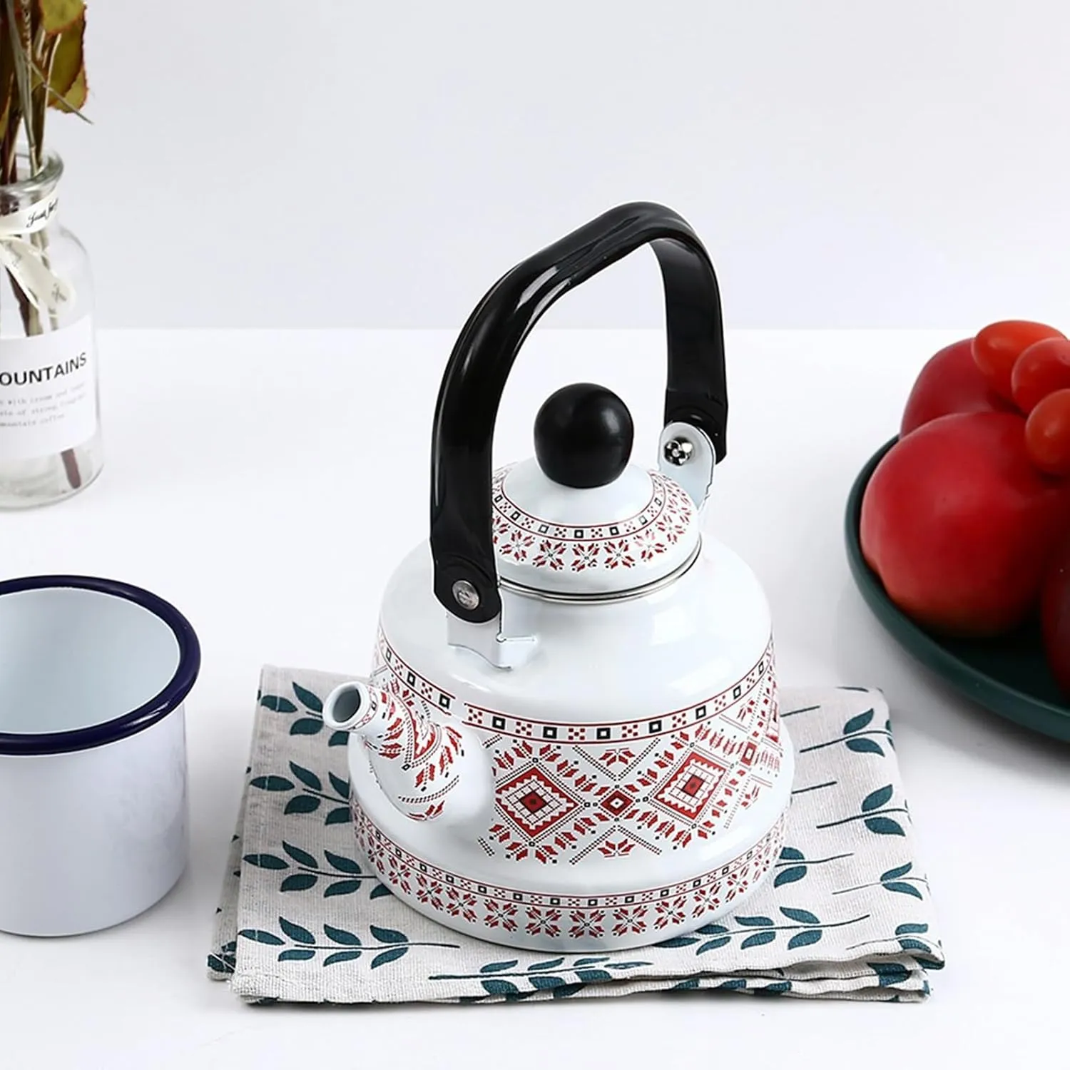 Household Water Tea Pot Coffee Kettle, Cookware Picnic Teapot, Enamel Tea Kettle for Camping(Red,1.1L)