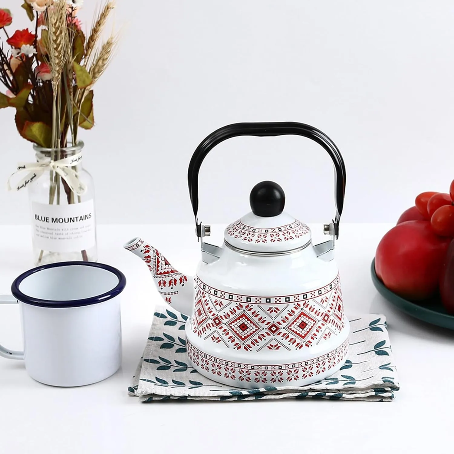 Household Water Tea Pot Coffee Kettle, Cookware Picnic Teapot, Enamel Tea Kettle for Camping(Red,1.1L)