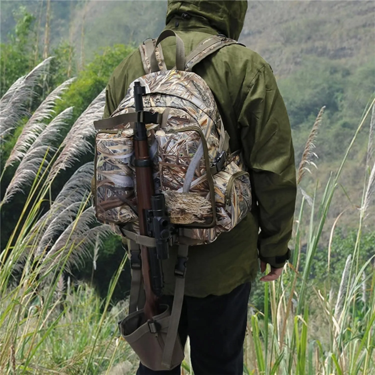 Hunting Backpack Outdoor Sports Gear Durable Hunting Pack with Bow and Rifle Carry System for Camping Hunting Hiking Climbing Fishing Camouflage Backpack,B,M
