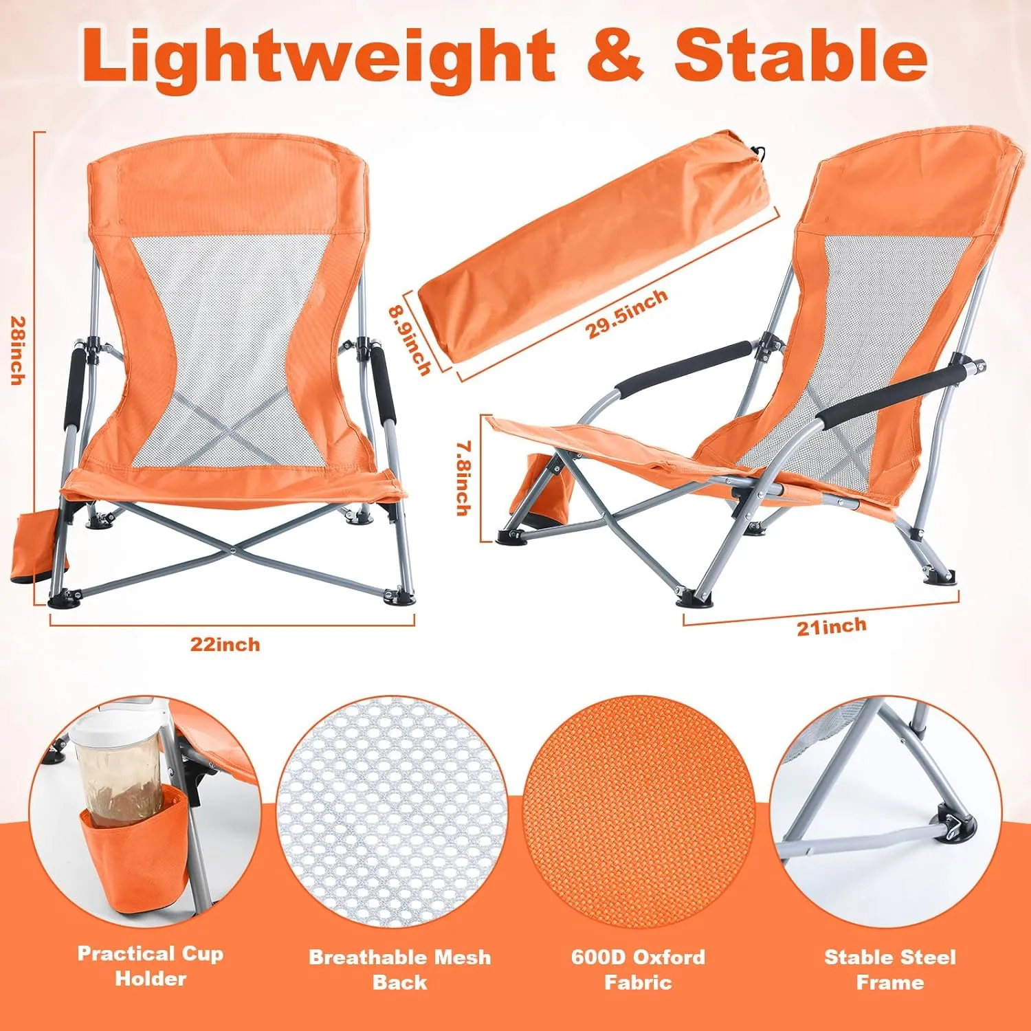 Huwena 2 Pack Beach Chair for Adult with 2 Umbrella Low Folding Chair Detachable Adjustable Lightweight with Armrests Cup Holder Carry Bag Portable for Sand Camping Travel Outdoor Pool (Orange)
