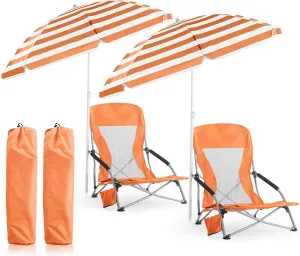 Huwena 2 Pack Beach Chair for Adult with 2 Umbrella Low Folding Chair Detachable Adjustable Lightweight with Armrests Cup Holder Carry Bag Portable for Sand Camping Travel Outdoor Pool (Orange)