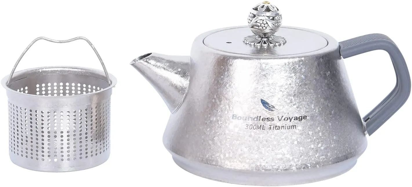 iBasingo 300ml Titanium Little Teapot With Strainer Single Layer Lightweight Portable for Outdoor Camping Travel Tea Kettle Ti3114D
