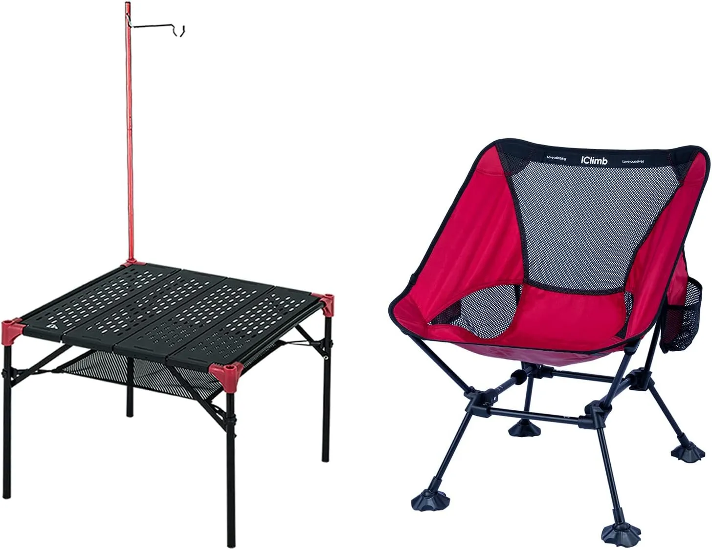 iClimb 1 Anti-Sinking Large Feet Chair and 1 Extendable Table with Hanger Bundle, Ultralight Compact for Single Adult Outdoor Backpacking Camping Hiking Beach Concert