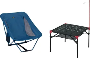 iClimb 1 Low Folding Chair and 1 Extendable Table with Hanger Bundle, Ultralight Compact for Adults Outdoor Backpacking Camping Hiking Beach Concert
