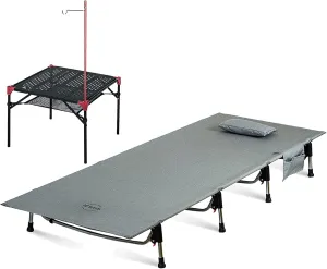 iClimb 1 Super Easy Assemble Cot and 1 Hollow Out Extendable Table with Hanger Bundle, Ultralight Compact for Adult Outdoor Camping Hiking Beach Concert