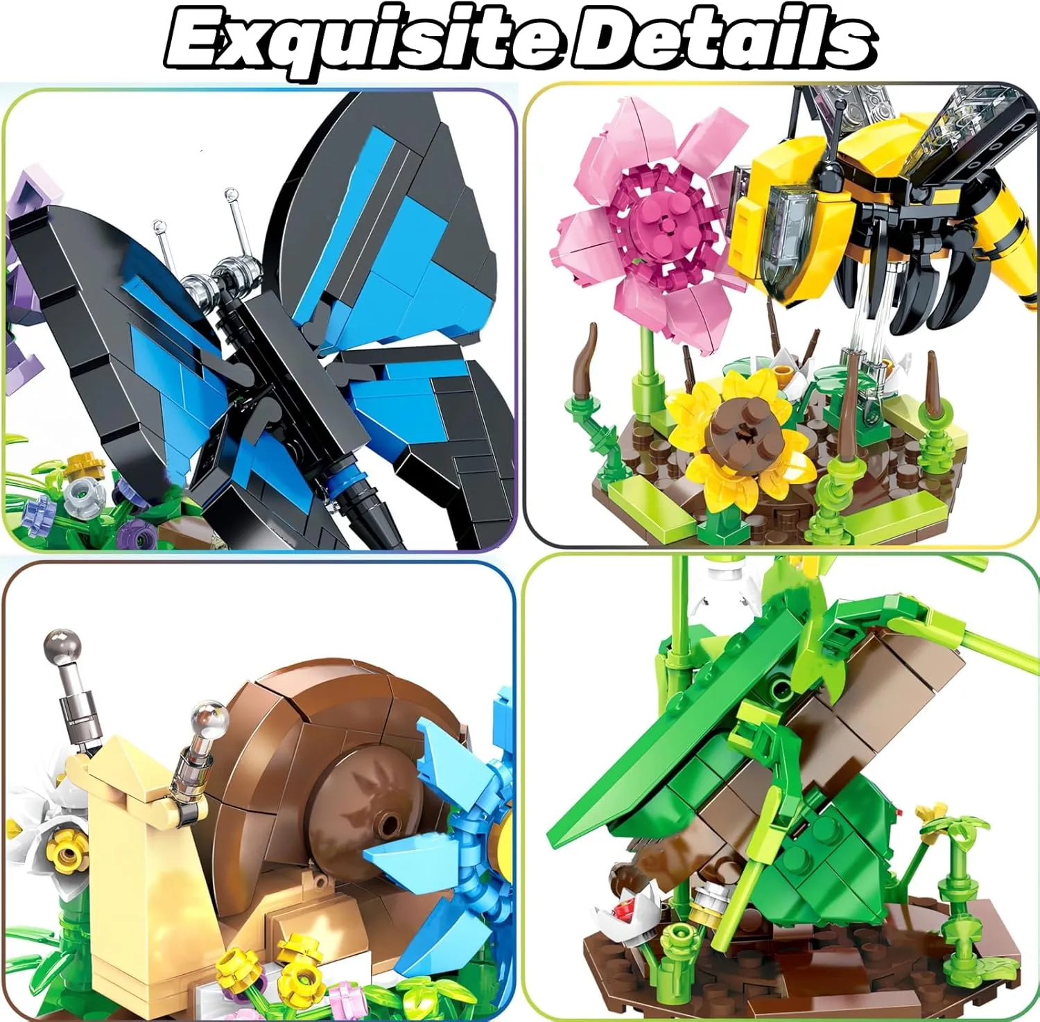 Ideas Insect Collection Toy Building Sets, 4 Butterfly Mantis Bee Snail with Flowers Nature Display Models for Home Decor, Fun Bug Gift for Animals Lovers Adults Boys Girls 6 