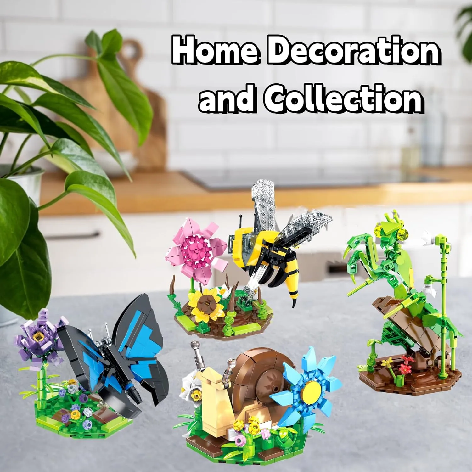Ideas Insect Collection Toy Building Sets, 4 Butterfly Mantis Bee Snail with Flowers Nature Display Models for Home Decor, Fun Bug Gift for Animals Lovers Adults Boys Girls 6 