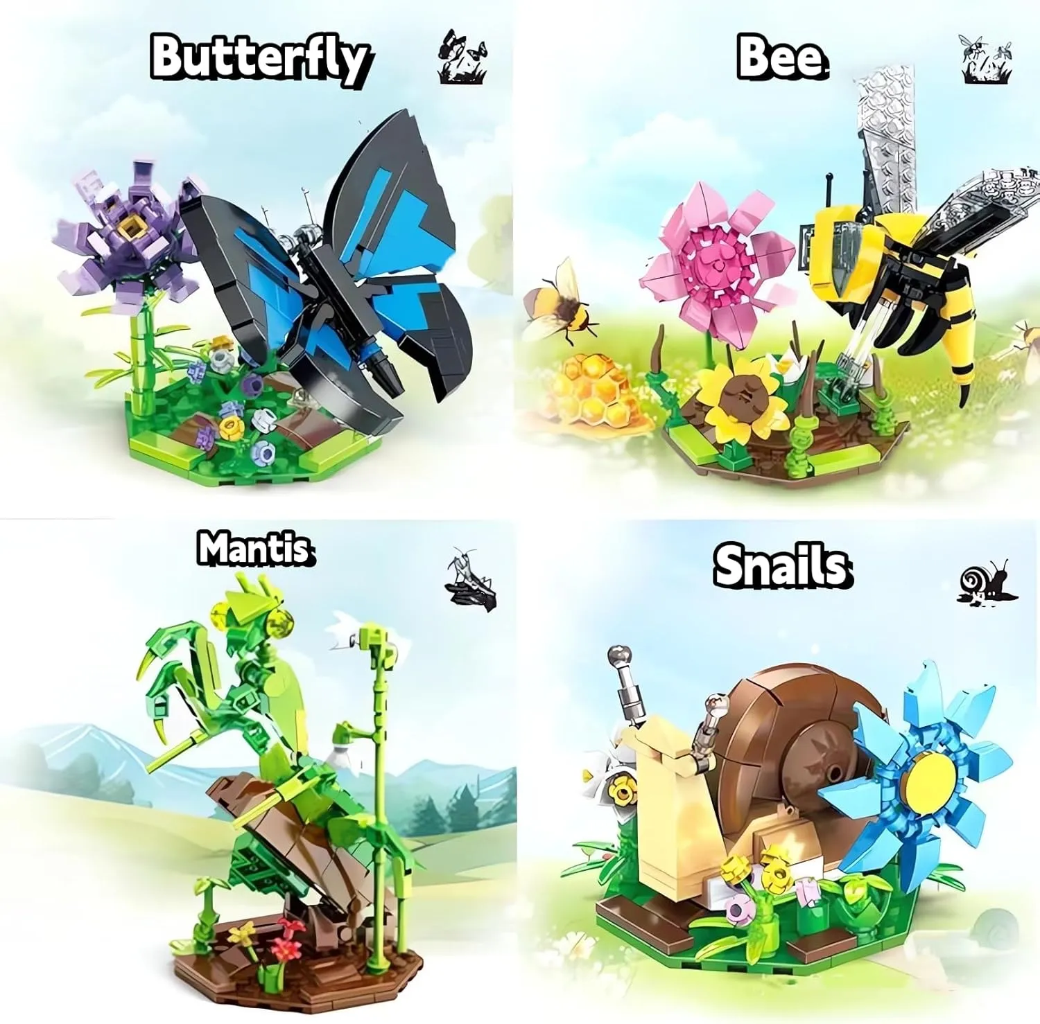 Ideas Insect Collection Toy Building Sets, 4 Butterfly Mantis Bee Snail with Flowers Nature Display Models for Home Decor, Fun Bug Gift for Animals Lovers Adults Boys Girls 6 