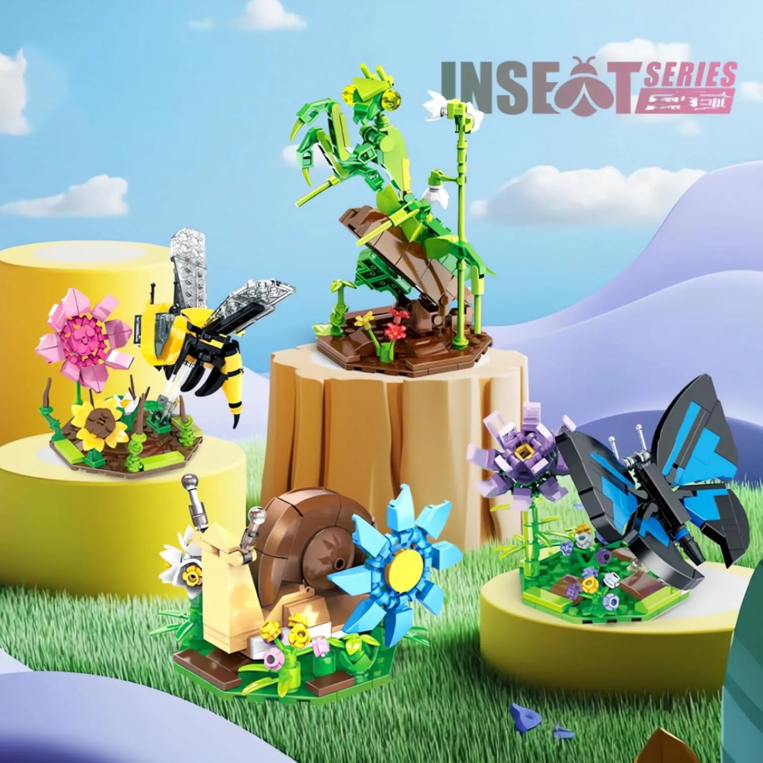 Ideas Insect Collection Toy Building Sets, 4 Butterfly Mantis Bee Snail with Flowers Nature Display Models for Home Decor, Fun Bug Gift for Animals Lovers Adults Boys Girls 6 