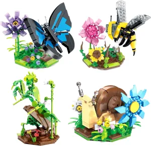 Ideas Insect Collection Toy Building Sets, 4 Butterfly Mantis Bee Snail with Flowers Nature Display Models for Home Decor, Fun Bug Gift for Animals Lovers Adults Boys Girls 6 
