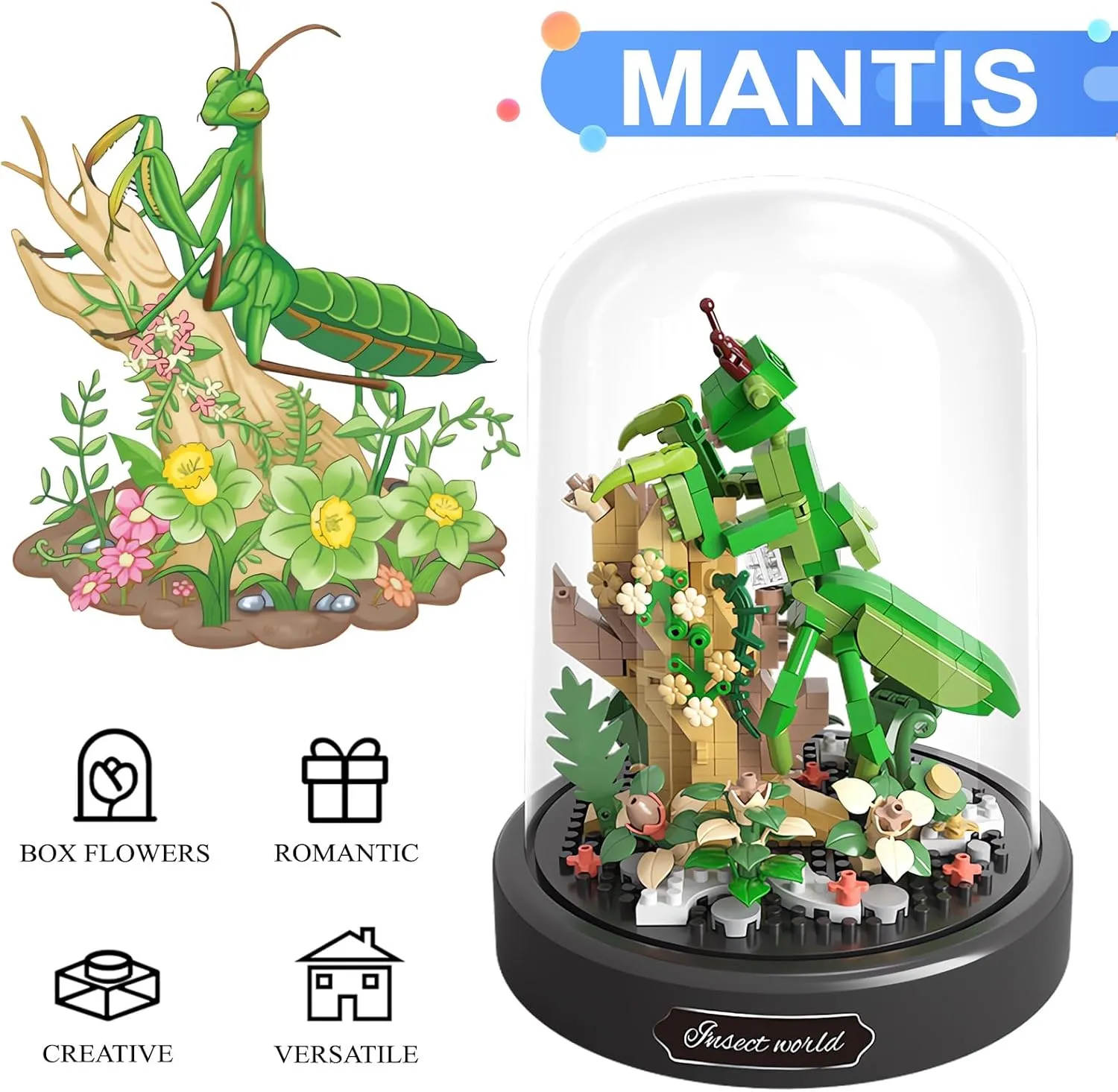 Insect Flowers Collection Building Set with Dust Cover, Animals Flower Plants Bug Botanical Set for Nature Decor, STEM Mini Bricks Birthday Gift for 12  Women Boys Girls(Mantis