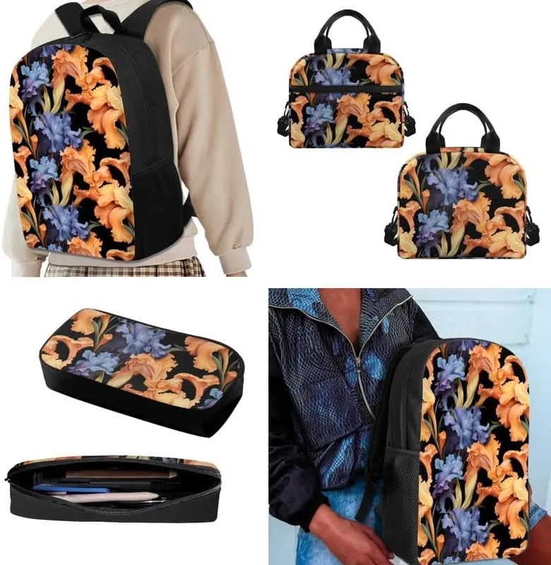 Iris Flower Hand Drawing Backpack Set for Kids Girl,Lightweight Floral Contrasting Color Shoulder Student School Bag Set with Insulated Meal Lunch Box