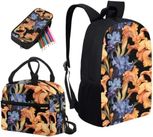 Iris Flower Hand Drawing Backpack Set for Kids Girl,Lightweight Floral Contrasting Color Shoulder Student School Bag Set with Insulated Meal Lunch Box