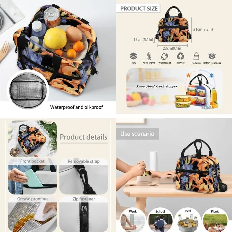 Iris Flower Hand Drawing Backpack Set for Kids Girl,Lightweight Floral Contrasting Color Shoulder Student School Bag Set with Insulated Meal Lunch Box