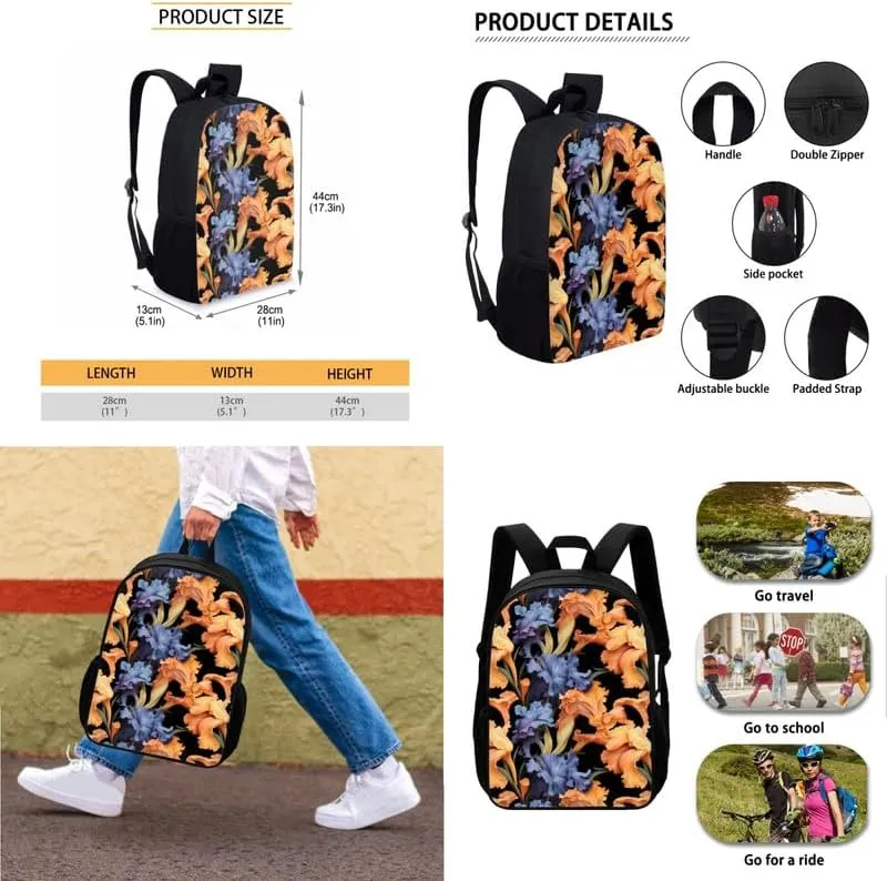 Iris Flower Hand Drawing Backpack Set for Kids Girl,Lightweight Floral Contrasting Color Shoulder Student School Bag Set with Insulated Meal Lunch Box