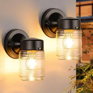 Jelly Jar Outdoor Wall Lantern, Black Exterior Waterproof Wall Mount Lighting Fixture, Anti-Rust Front Door Sconce with Clear Ribbed Glass, E26 Socket Lights, 2 Pack