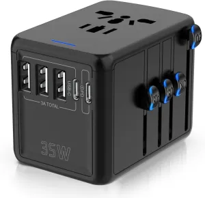 JMFONE 35W PD Universal Travel Adapter, Fast Charging International Power Plug Adapter with 3*USB-A & 2*USB-C Ports and Multi AC Sockets, All-in-one Travel Outlet Conversion Plugs for 200  Countries