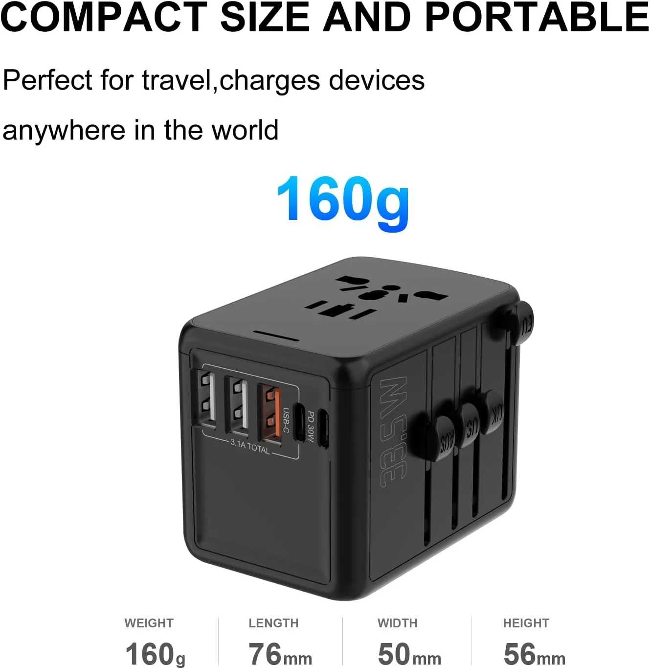 JMFONE 35W PD Universal Travel Adapter, Fast Charging International Power Plug Adapter with 3*USB-A & 2*USB-C Ports and Multi AC Sockets, All-in-one Travel Outlet Conversion Plugs for 200  Countries