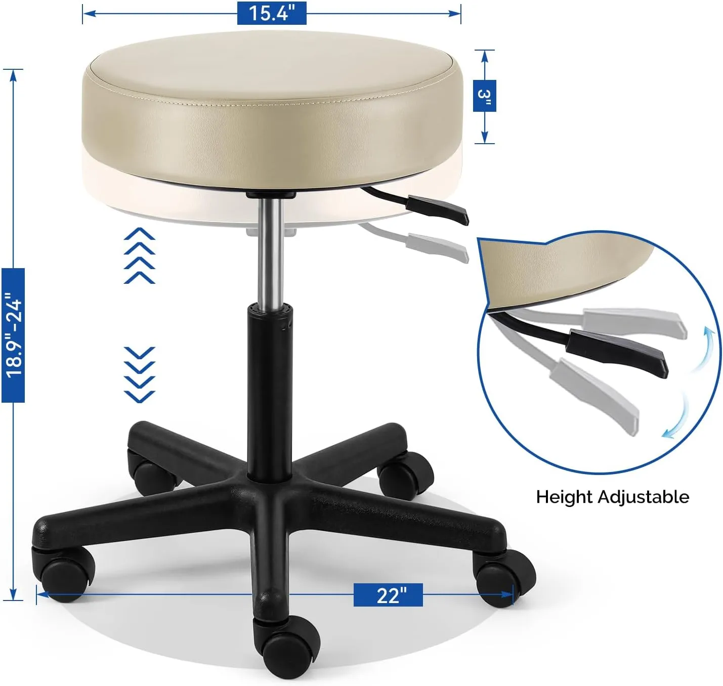 JMU Rolling Stool Heavy Duty 400lb with Wheels,PVC Leather Large Seat Stool,Adjustable Height for Medical Tattoo Office Lab Dentists Healthcare (Moco Beige)