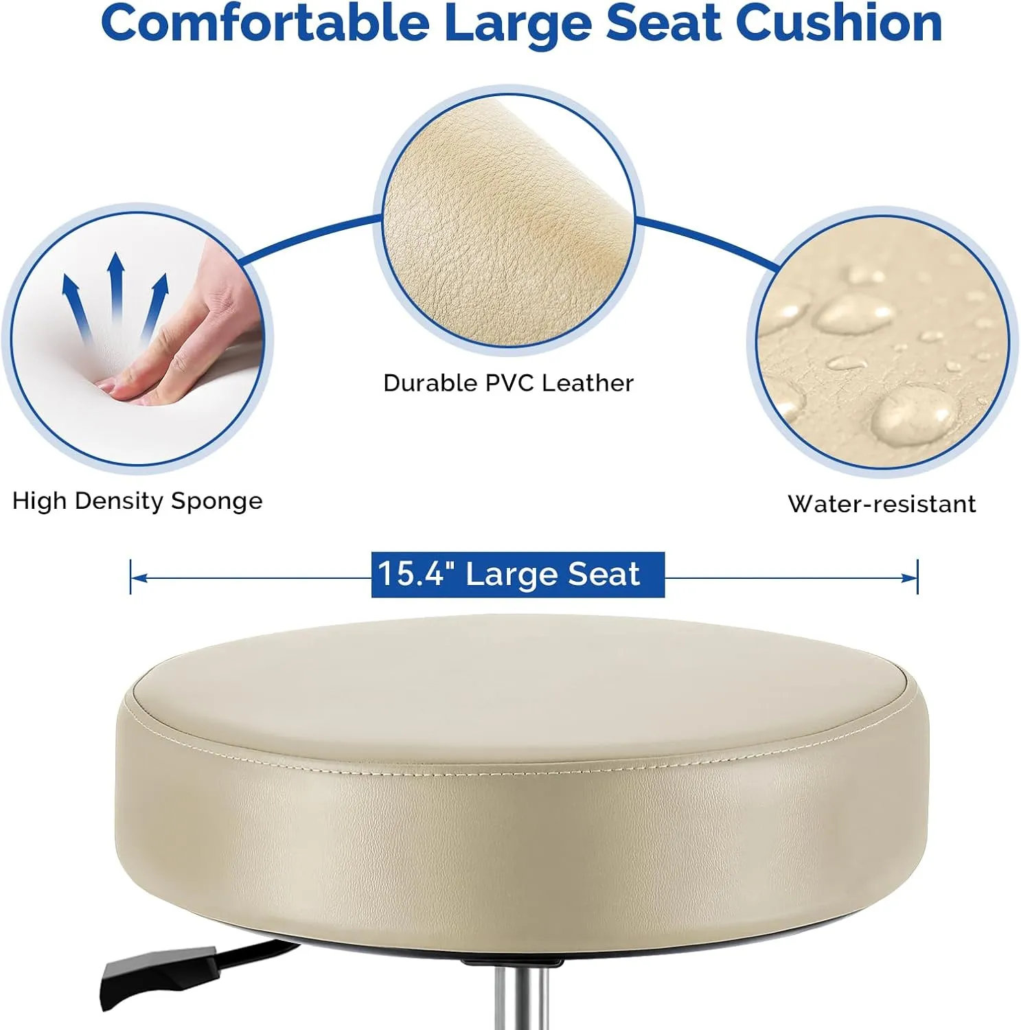 JMU Rolling Stool Heavy Duty 400lb with Wheels,PVC Leather Large Seat Stool,Adjustable Height for Medical Tattoo Office Lab Dentists Healthcare (Moco Beige)