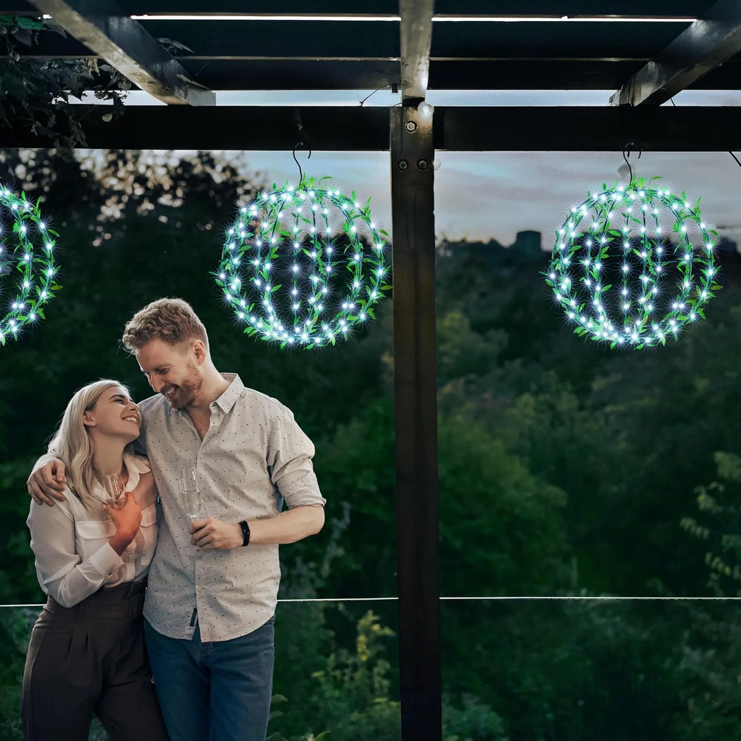 Joomer Solar Hanging Lights Outdoor, 2 Pack 12in 120 LED Solar Globe Lights, 8 Modes Waterproof Foldable Metal Sphere Light with Hook for Garden Yard Porch Decor- White (Ball with Green Leaf)