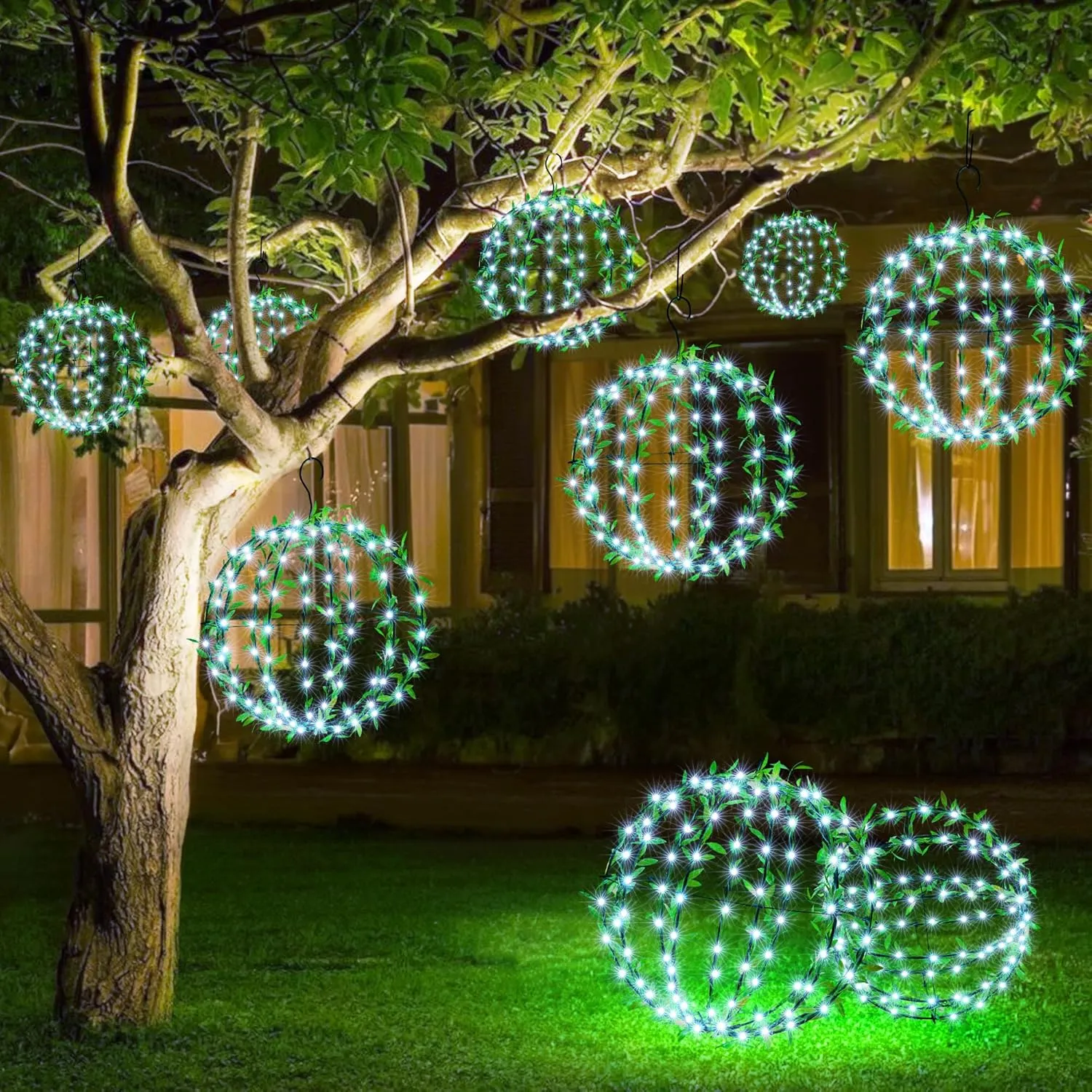 Joomer Solar Hanging Lights Outdoor, 2 Pack 12in 120 LED Solar Globe Lights, 8 Modes Waterproof Foldable Metal Sphere Light with Hook for Garden Yard Porch Decor- White (Ball with Green Leaf)