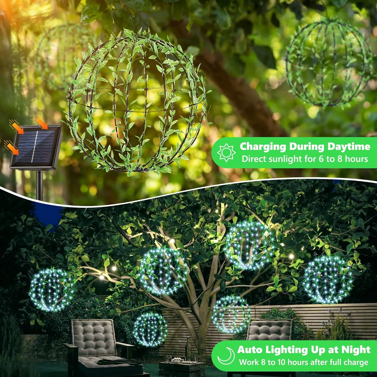 Joomer Solar Hanging Lights Outdoor, 2 Pack 12in 120 LED Solar Globe Lights, 8 Modes Waterproof Foldable Metal Sphere Light with Hook for Garden Yard Porch Decor- White (Ball with Green Leaf)