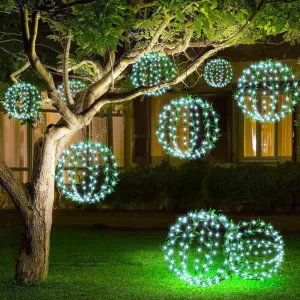 Joomer Solar Hanging Lights Outdoor, 2 Pack 12in 120 LED Solar Globe Lights, 8 Modes Waterproof Foldable Metal Sphere Light with Hook for Garden Yard Porch Decor- White (Ball with Green Leaf)
