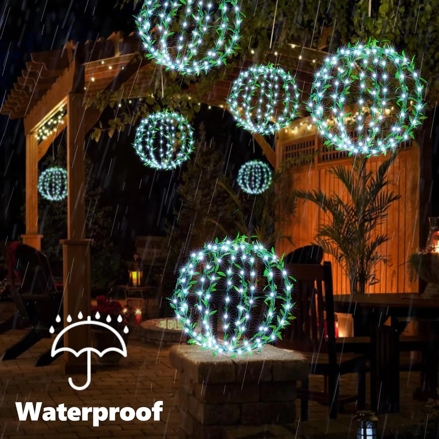 Joomer Solar Hanging Lights Outdoor, 2 Pack 12in 120 LED Solar Globe Lights, 8 Modes Waterproof Foldable Metal Sphere Light with Hook for Garden Yard Porch Decor- White (Ball with Green Leaf)