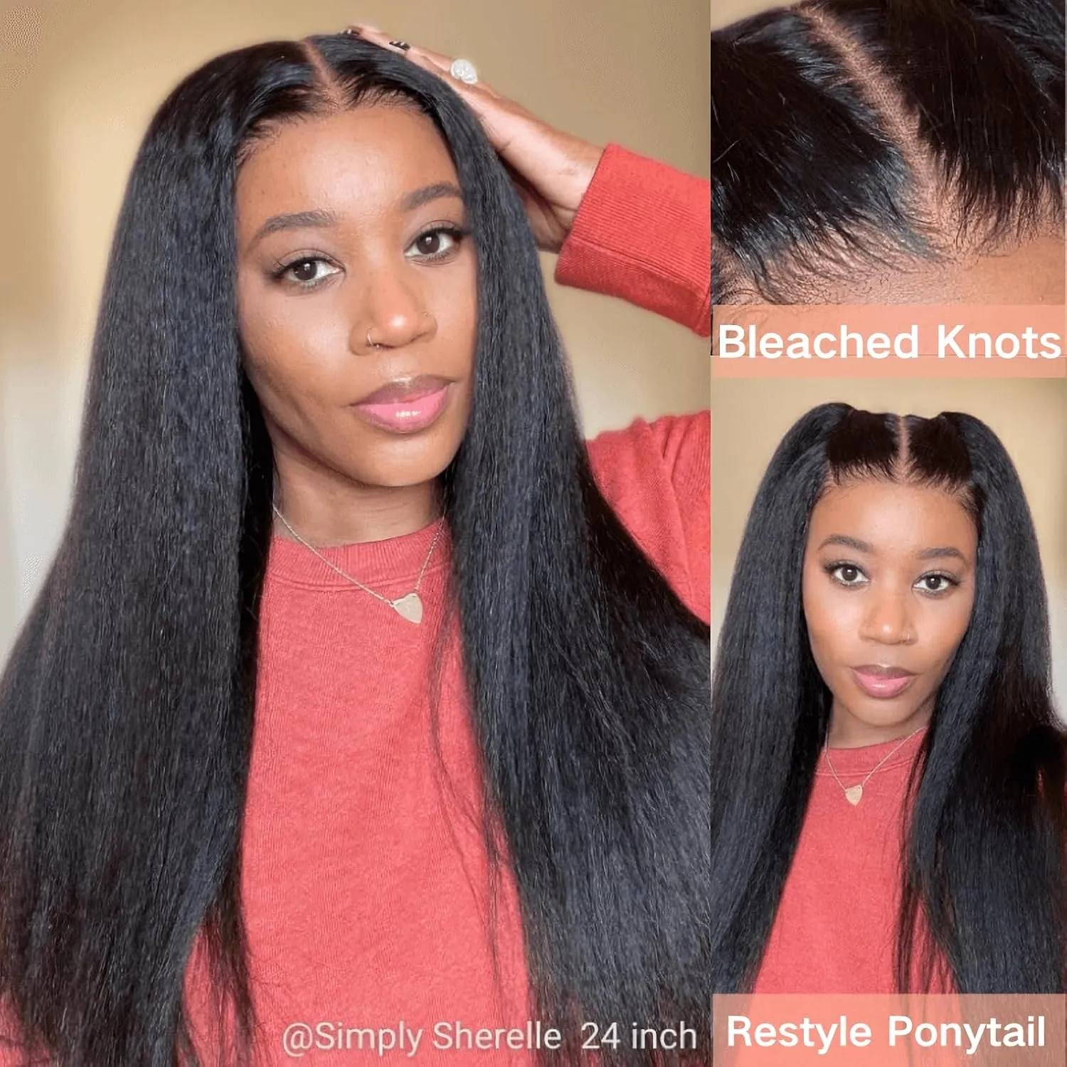 Julia Hair Bye Bye Knots Glueless Wig Yaki Human Hair Lace Wig Invisible Knots Put On and Go Pre Cut 7x5 Lace Front Wigs for Beginners Pre Bleached Pre Plucked No Glue150% Density 16 Inch