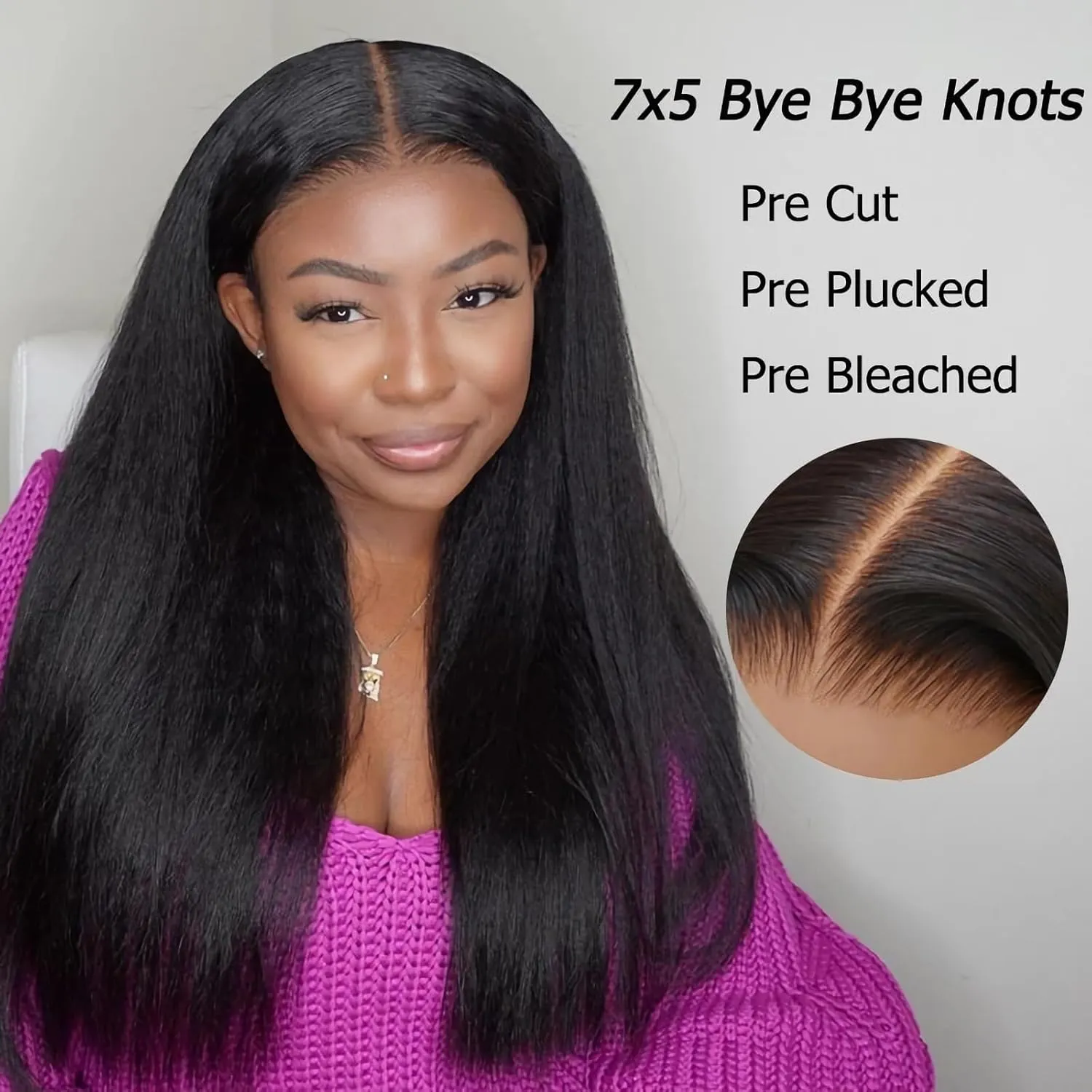 Julia Hair Bye Bye Knots Glueless Wig Yaki Human Hair Lace Wig Invisible Knots Put On and Go Pre Cut 7x5 Lace Front Wigs for Beginners Pre Bleached Pre Plucked No Glue150% Density 16 Inch