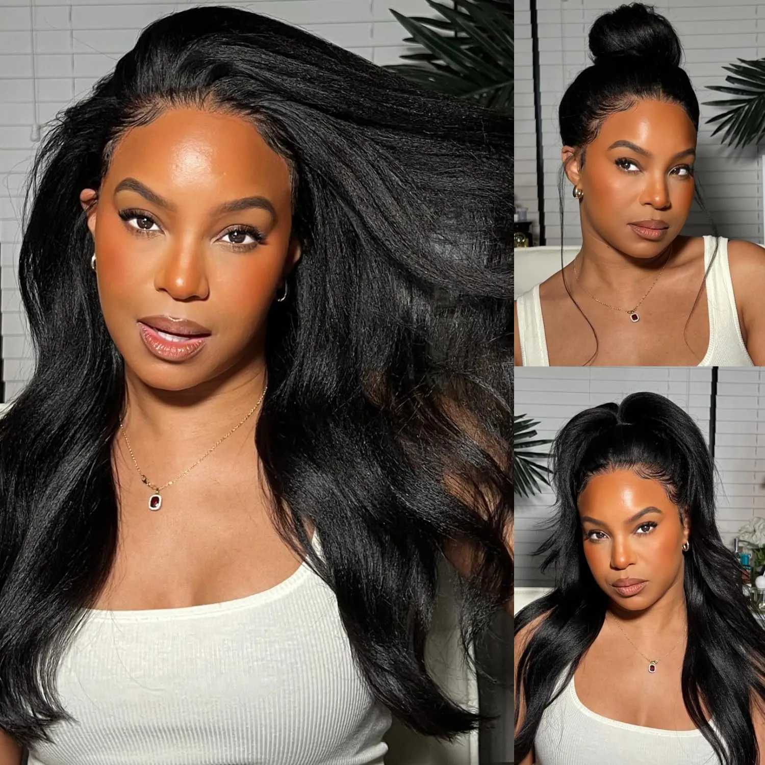 Julia Hair Bye Bye Knots Glueless Wig Yaki Human Hair Lace Wig Invisible Knots Put On and Go Pre Cut 7x5 Lace Front Wigs for Beginners Pre Bleached Pre Plucked No Glue150% Density 16 Inch