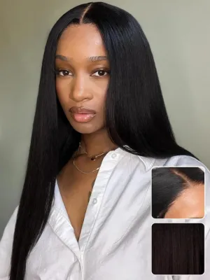 Julia Hair Bye Bye Knots Glueless Wig Yaki Human Hair Lace Wig Invisible Knots Put On and Go Pre Cut 7x5 Lace Front Wigs for Beginners Pre Bleached Pre Plucked No Glue150% Density 16 Inch