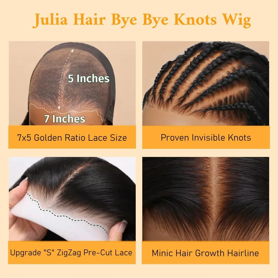 Julia Hair Bye Bye Knots Glueless Wig Yaki Human Hair Lace Wig Invisible Knots Put On and Go Pre Cut 7x5 Lace Front Wigs for Beginners Pre Bleached Pre Plucked No Glue150% Density 16 Inch