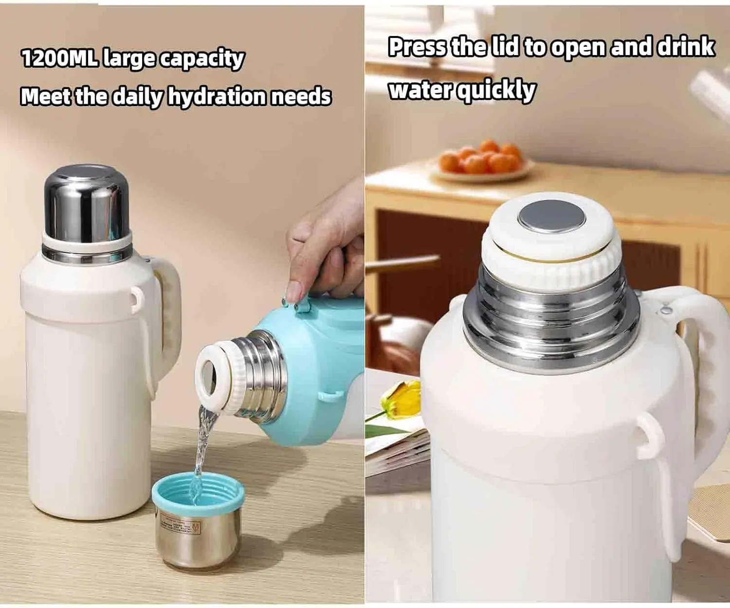 JUSHZ Mens Water Bottle Water Bottles Gym Leakproof Stainless Steel Adult with Filter Thermos Flask Vacuum Flasks Insulated with Handle Large Capacity Portable Car Travel (1200ml,Pink)