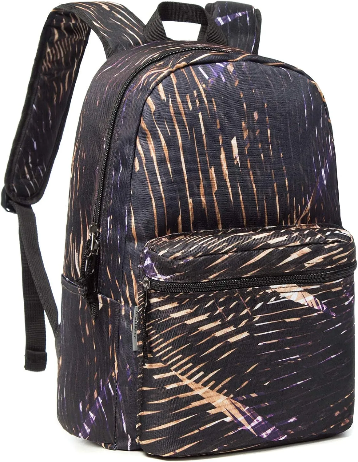 K-Cliffs Classic Backpack Basic Student Campus Daypack Simple Travel Rucksack with Chromebook Laptop Pocket Water Bottle Holder Padded Straps Printed Black Gold Meteor Pattern