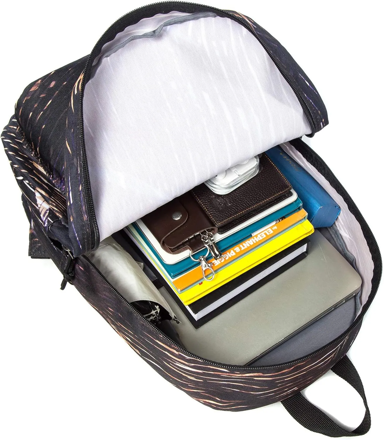 K-Cliffs Classic Backpack Basic Student Campus Daypack Simple Travel Rucksack with Chromebook Laptop Pocket Water Bottle Holder Padded Straps Printed Black Gold Meteor Pattern