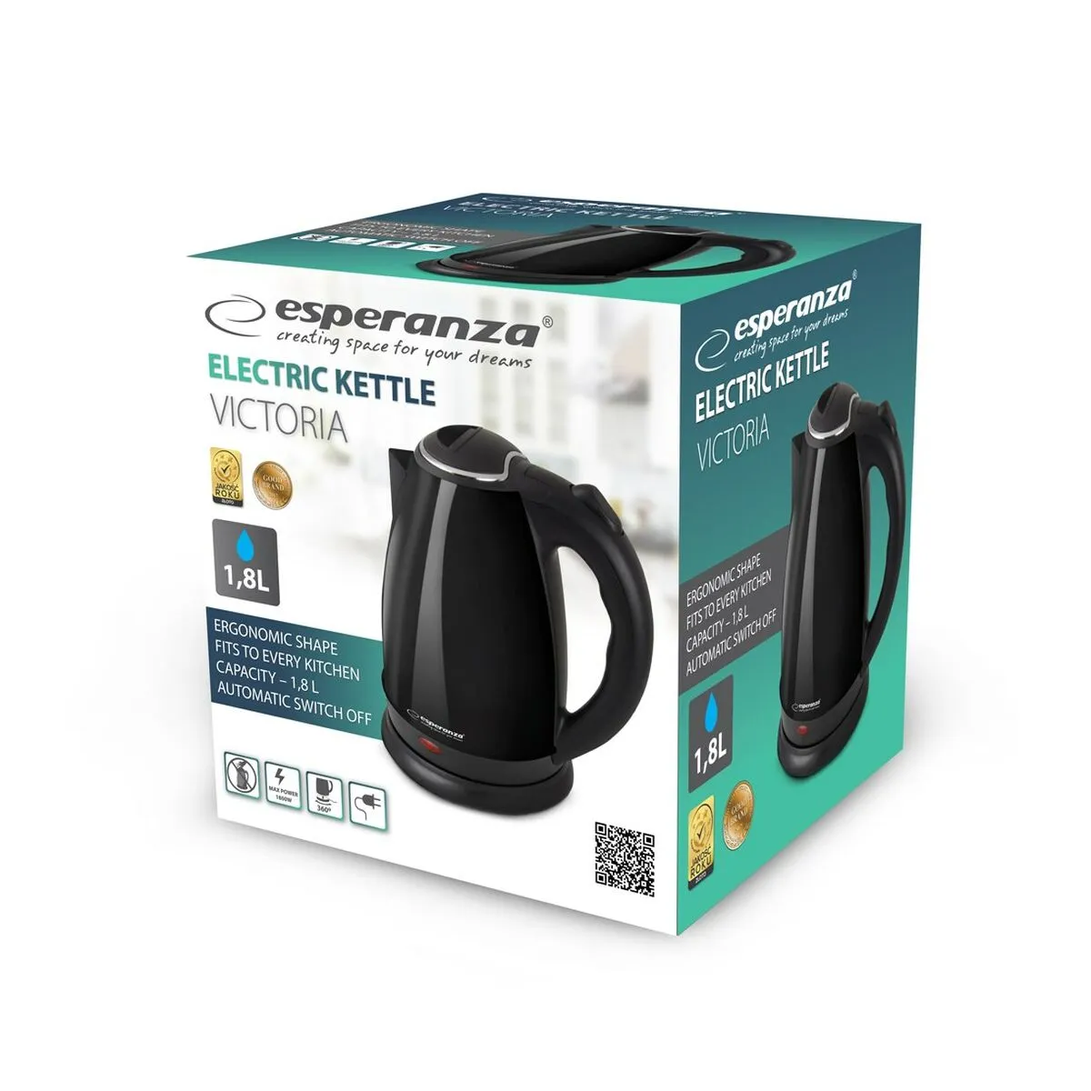 Kettle Esperanza EKK113K Black Stainless steel Plastic 1800 W 1,8 L