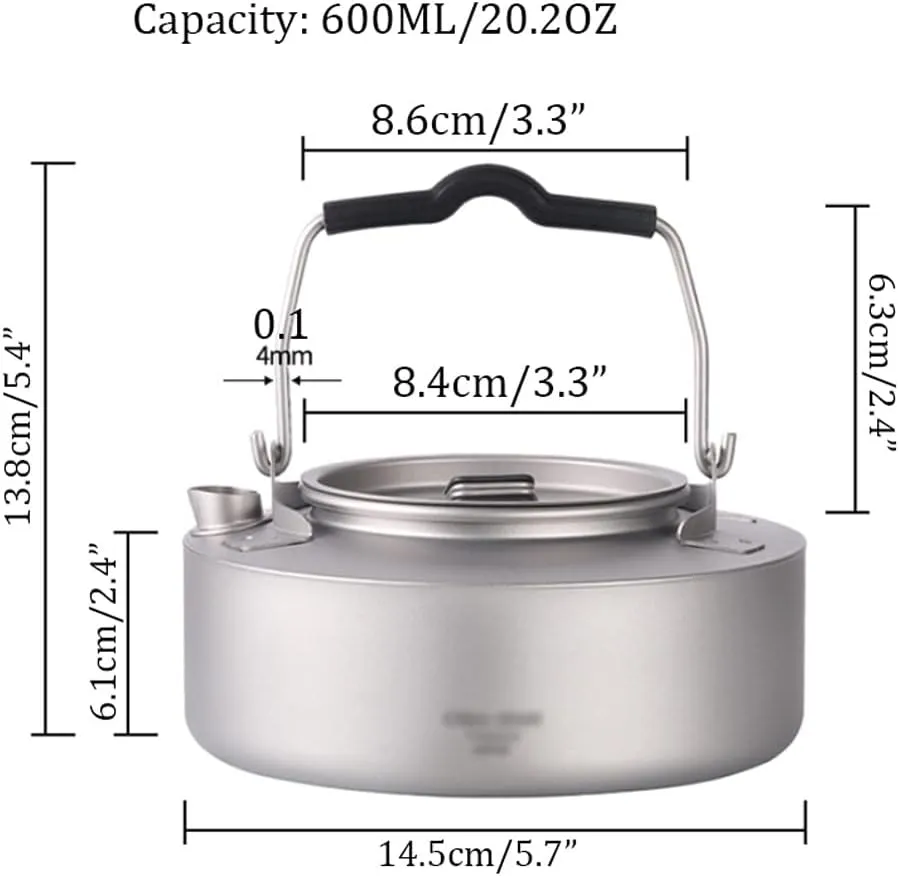 Kettle for Stove top Titanium Kettle with Folding Handle Teapot Outdoor Camping Big Capacity Pot for Boiling Water Lightweight Coffee Tea Pot Kitchen Supplies Teapots (Size : 600ML/20.2OZ)
