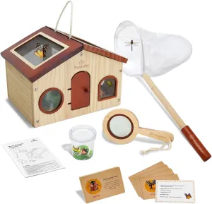 Kids Explorer Kit & Bug Catcher for Kids, Outdoor Toys with Large Portable Wooden Bug Habitat, Butterfly Net, Magnifier, Observation Cup, 15 Insect Cards for Toddler 3-8 Year Old Boy Gift