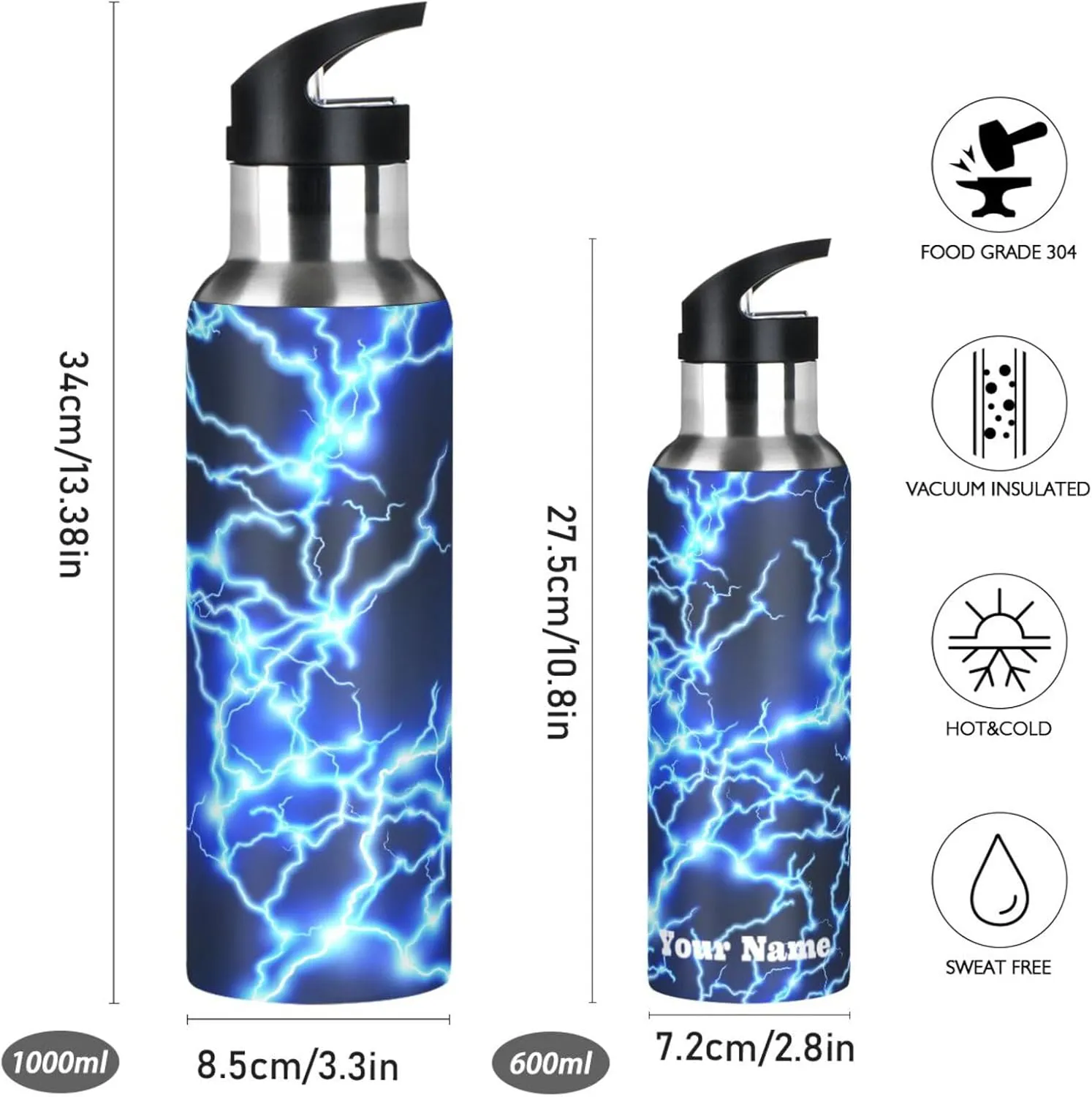Kigai Blue Lightning Water Bottle BPA-Free Vacuum Insulated Stainless Steel Water Bottle Leakproof Wide Mouth Sports Water Bottle with Straw Lid - Customized name or text