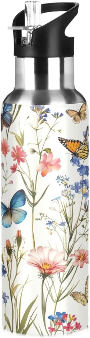Kigai Butterfly Flower Insulated Water Bottle with Straw Lid BPA-Free 20 oz Double Wall Vacuum Stainless Steel Leakproof Sports Water Bottle for Travel Fitness Gym