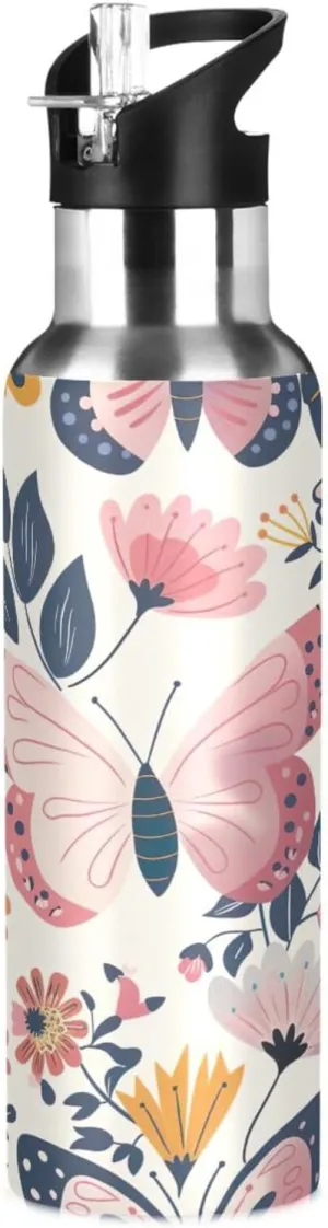 Kigai Butterfly Flower Insulated Water Bottle with Straw Lid BPA-Free 20 oz Double Wall Vacuum Stainless Steel Leakproof Sports Water Bottle for Travel Fitness Gym