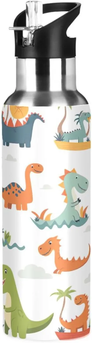 Kigai Cartoon Dinosaur Insulated Water Bottle with Straw Lid BPA-Free 20 oz Double Wall Vacuum Stainless Steel Leakproof Sports Water Bottle for Travel Fitness Gym