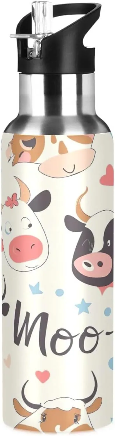 Kigai Cute Cow Insulated Water Bottle with Straw Lid BPA-Free 20 oz Double Wall Vacuum Stainless Steel Leakproof Sports Water Bottle for Travel Fitness Gym