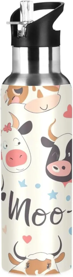 Kigai Cute Cow Insulated Water Bottle with Straw Lid BPA-Free 20 oz Double Wall Vacuum Stainless Steel Leakproof Sports Water Bottle for Travel Fitness Gym